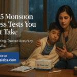 A concerned mother wrapped in a blanket holds her sick son close while looking at a smartphone. A test kit labeled "Dr. Palve Labs" and medical items are on the table in front of them. It's raining outside the window.