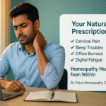 A young Indian man sitting at a desk, holding his neck in pain while working on a laptop. Beside him is a display board listing symptoms and promoting homeopathy treatment at Dr. Palve Hospital.